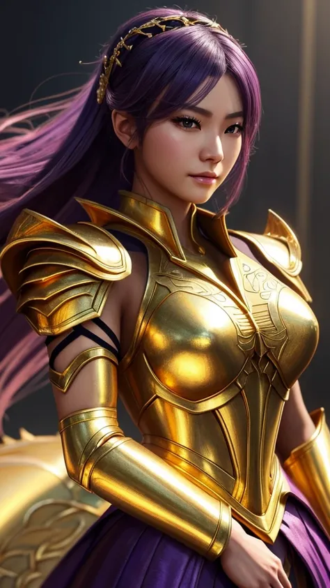 close-up of a woman in a gold and purple dress, chengwei pan on artstation, by Yang J, detailed fantasy art, stunning character art, fanart best artstation, epic and exquisite character art, beautiful armor, extremely detailed art, detailed digital anime a...