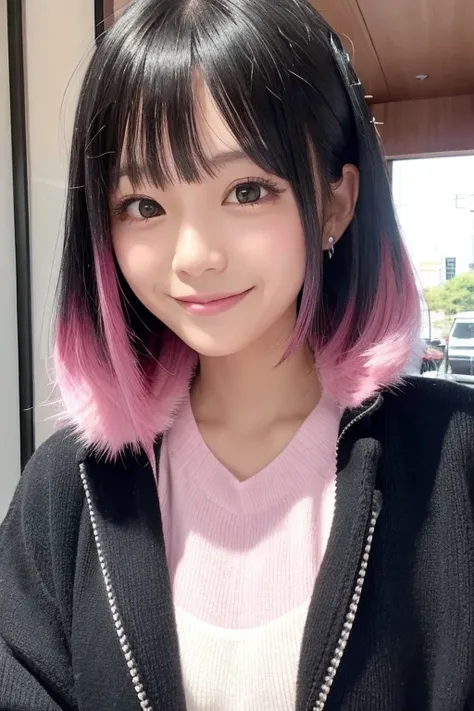 black hair,(pink inner hair;1.3),japanese girl,smile