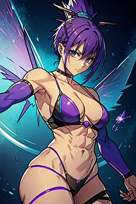 Beelzebub muscular woman with purple and blue mohawk punk hair down to below shoulders with fly wings with four arms, two at normal height and two below the ribs and with a glass belly full of blue and purple plasma.