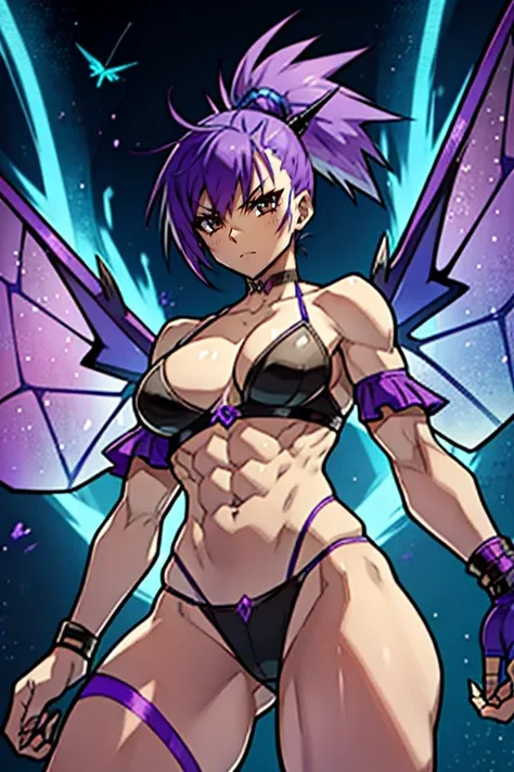 Beelzebub muscular woman with purple and blue mohawk punk hair down to below shoulders with fly wings with four arms, two at normal height and two below the ribs and with a glass belly full of blue and purple plasma.