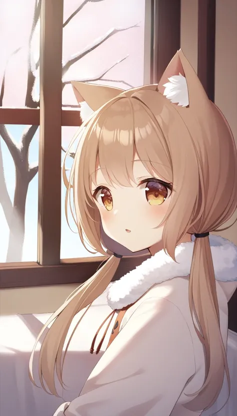 1girl, , long hair, low twintails, fuzzy twintails, light brown hair, cat ears, animal ear fluff, cat eyes, bedroom, window, cherry blossoms, winter,snow, morning, portrait, upper body