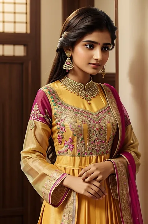 Elegant Beauty in Traditional Attire: Describe a young Pakistani girl in a colorful shalwar kameez, with intricate embroidery and a delicate dupatta draped gracefully over her shoulders