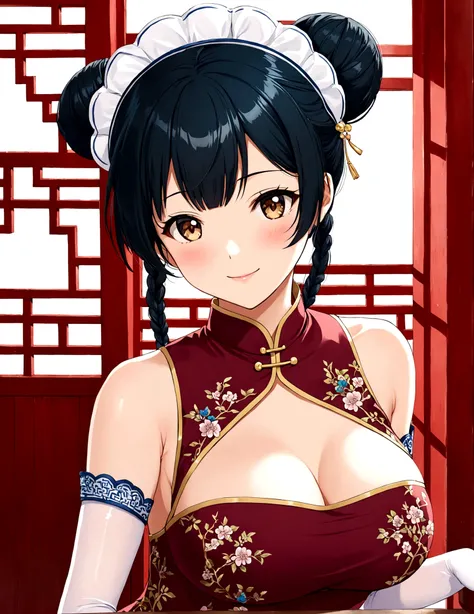 1girl, solo, long hair, breasts, blush, smile, large breasts, black hair, gloves,  cheongsam, bare shoulders, brown eyes, braid, elbow gloves, hair bun, twin braids, double bun, chinese clothes, china dress, bun cover