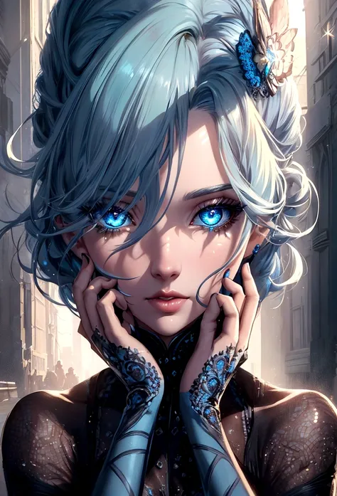 a girl with pale sky blue hair, sparkling blue eyes, beautiful detailed eyes, beautiful detailed lips, extremely detailed face, long eyelashes, blasting bright blue energy beam from her hands, intricate details, cinematic lighting, dramatic shadows, vivid ...