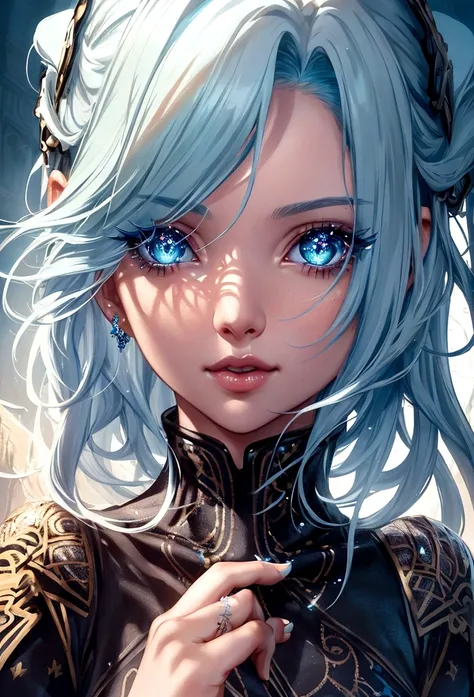 a girl with pale sky blue hair, sparkling blue eyes, beautiful detailed eyes, beautiful detailed lips, extremely detailed face, long eyelashes, blasting bright blue energy beam from her hands, intricate details, cinematic lighting, dramatic shadows, vivid ...