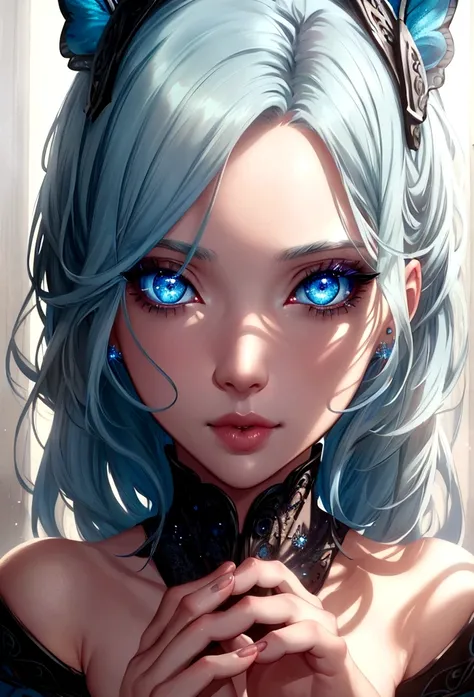 a girl with pale sky blue hair, sparkling blue eyes, beautiful detailed eyes, beautiful detailed lips, extremely detailed face, long eyelashes, blasting bright blue energy beam from her hands, intricate details, cinematic lighting, dramatic shadows, vivid ...