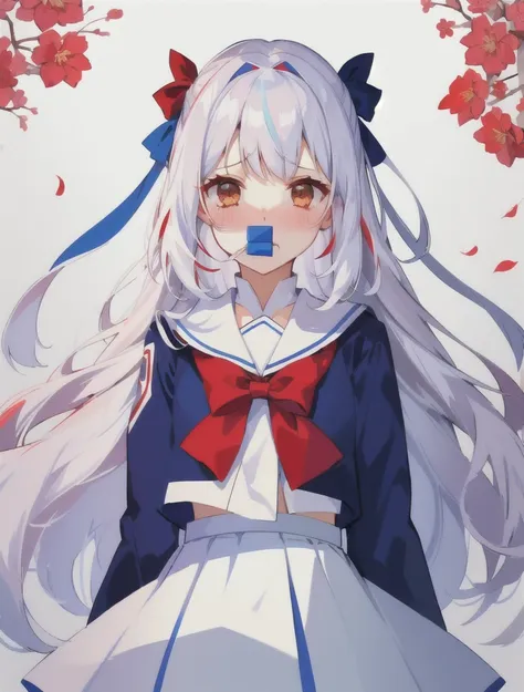 girl , , red whistle, white rubashua, Blue skirt, Long white hair, Brown eyes, sad face, nosebleeds