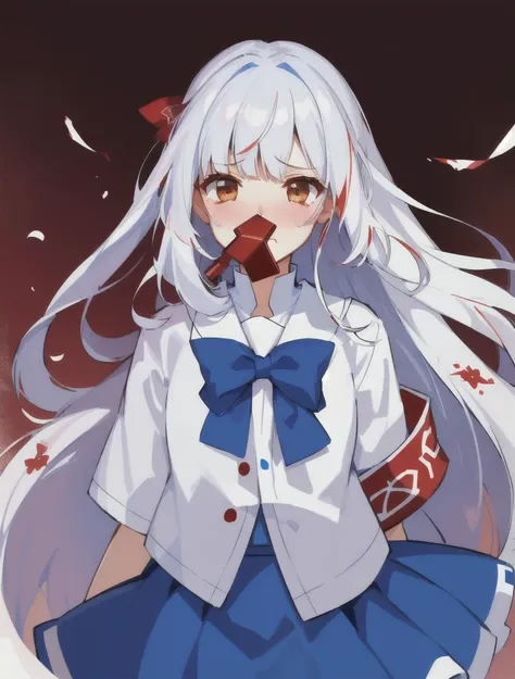 girl , , red whistle, white rubashua, blue skirt, long white hair, brown eyes, sad face, nosebleeds