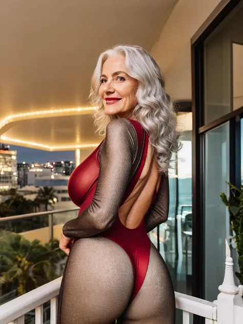 night, soft lights, old women Sixty years old, red lips, long-long white curly hair, she smiling, posing on huge night balcony, she weared red bodysuit, shes posing her back, showing her back and to the viewer, showing her ass jaw-dropping older beauty, ja...