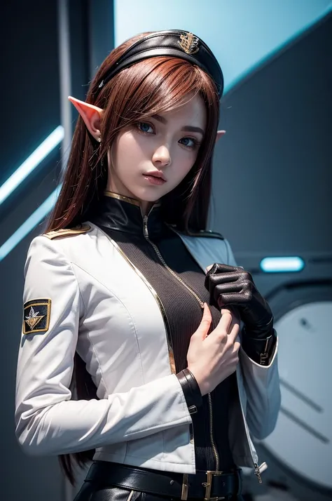 Create a highly detailed 3D rendering of a character named Ulc from SEGAs PSO2. The character is an elf-like female with pointed ears and long, straight, dark red hair. She wears a futuristic, military-style uniform with gray and white colors. (small milit...