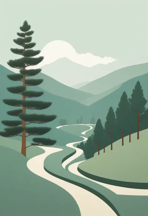 In the style of Ryo Takemasa and Alessandro Gottardo, Minimalism，Cedars and winding paths，Back