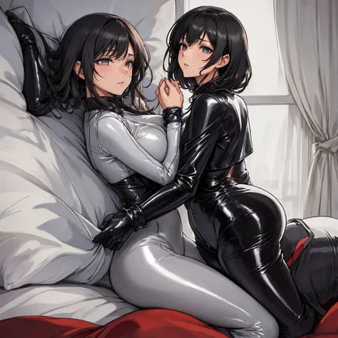 Black Hair、(Full latex suit)、Very luxurious bedroom、、Shiny enamel latex covers the whole body、Embarrassed expression、Two people touching each other&#39;s crotches、Super big breasts、