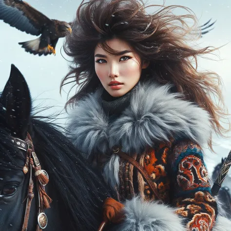 Wearing warm winter clothing made of thick fur, Cleverly combines traditional Chinese design patterns with contemporary elements ，messy and fluffy hair, Strongly expressed，Full of energy, Sharp eyes， 1 girl, Handsome face，Delicate face，horse riding, Lookin...