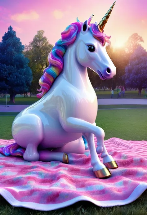 unicorn sitting on a blanket in a park
