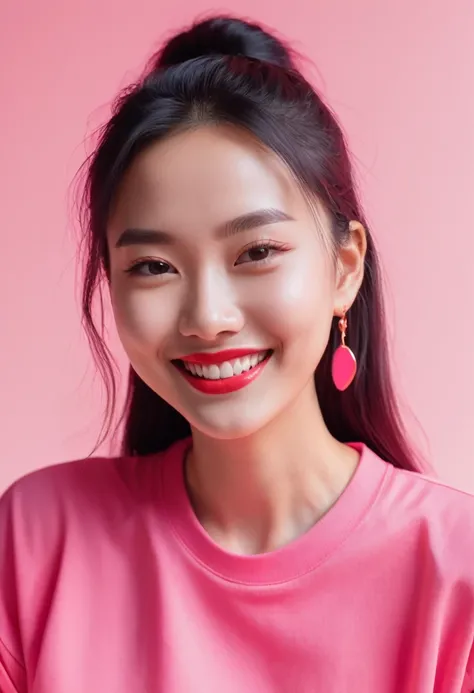 there is a woman with a pink shirt and a smile on her face, an image inspired by Ren Hang, Instagram, tachisme, tik tok videos, low quality video, Pink and red color style, near the screen, with Instagram filters, she is in front of the camera, live footag...