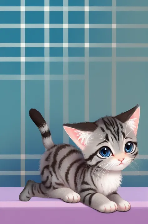 cute kitten with gray stripes on a pastel background.