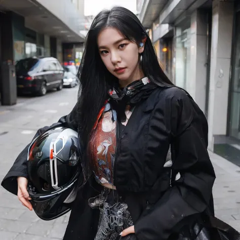 Korean 24 year old girl, long straight dark blue hair and bangs. White skin color, She has Black eyes and has a serious expression, In his hand he holds a cool black motorcycle helmet. He is wearing a black racing jacket with various details, patches and l...