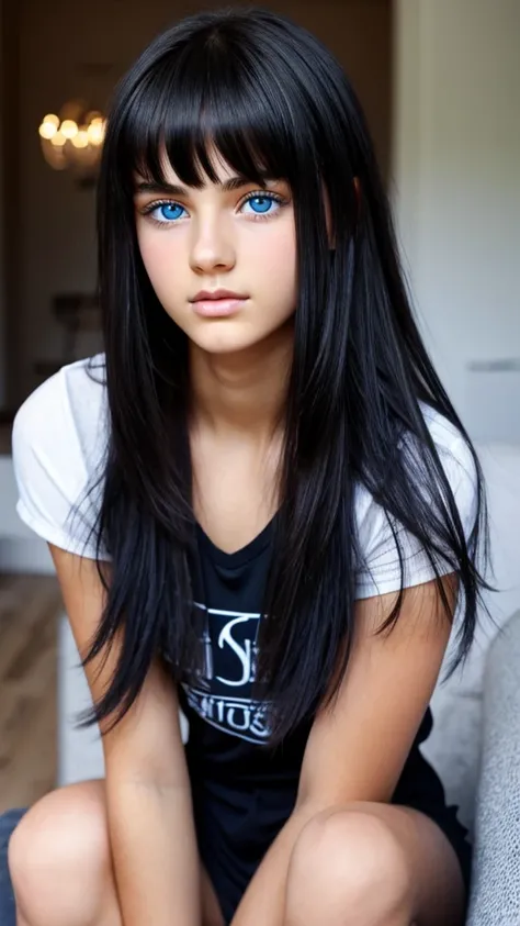 Beautiful feminine looking 19 year old man, boyish face, big blue eyes, black shaggy hair