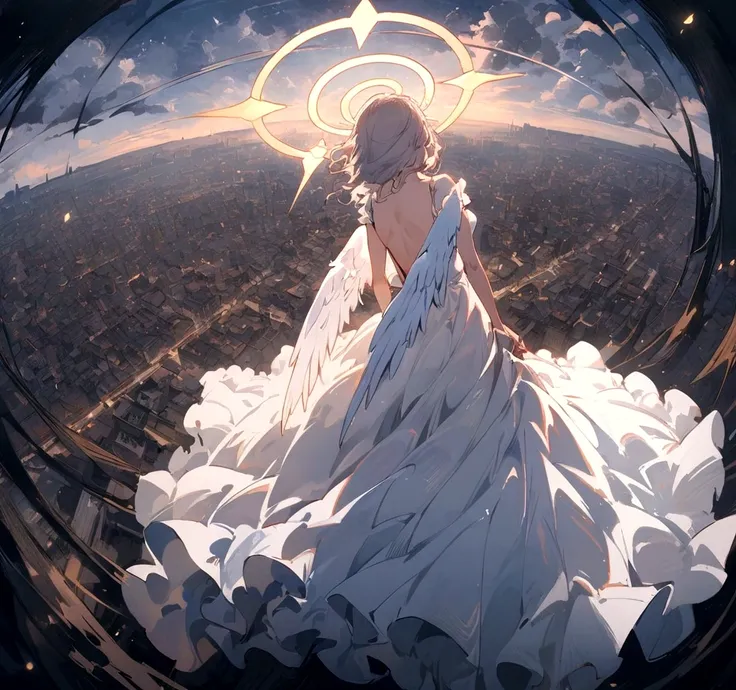 
One (Back view:1.5) A very beautiful female angel(Long platinum hair, wide back white dress,(From her chest hangs big, beautiful angel wings.),Very beautiful shining halo), She has her arms wide open as if asking for help., She&#39;s on the clouds、Looking...