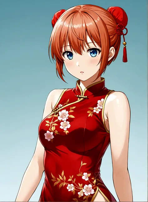 1girl, solo, breasts, short hair, bangs, blue eyes, simple background, cheongsam, hair between eyes, bare shoulders, medium breasts, standing, cowboy shot, small breasts, parted lips, sleeveless, shiny, hair bun, orange hair, shiny hair, gradient, bare arm...