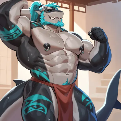 white and black bara shark, cyan highlights, strong physique, tribal tattoos, white and blue samurai hair in ponytail, cyan colored eyes, black sclera, very muscular, perfect anatomy, nipple piercings, solo, masterpiece, sexy pose, manly pose, beard, stron...