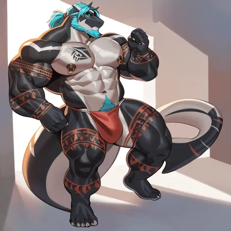 white and black bara shark, cyan highlights, strong physique, tribal tattoos, white and blue samurai hair in ponytail, cyan colored eyes, black sclera, very muscular, perfect anatomy, nipple piercings, solo, masterpiece, sexy pose, manly pose, beard, stron...