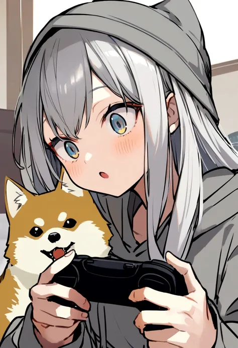 Wolf Hair、Big eyes、Long eyeliner、I like Shiba Inu, Cat, Have a game controller.、He is wearing a grey hoodie and a grey cap..Light colored long hair。