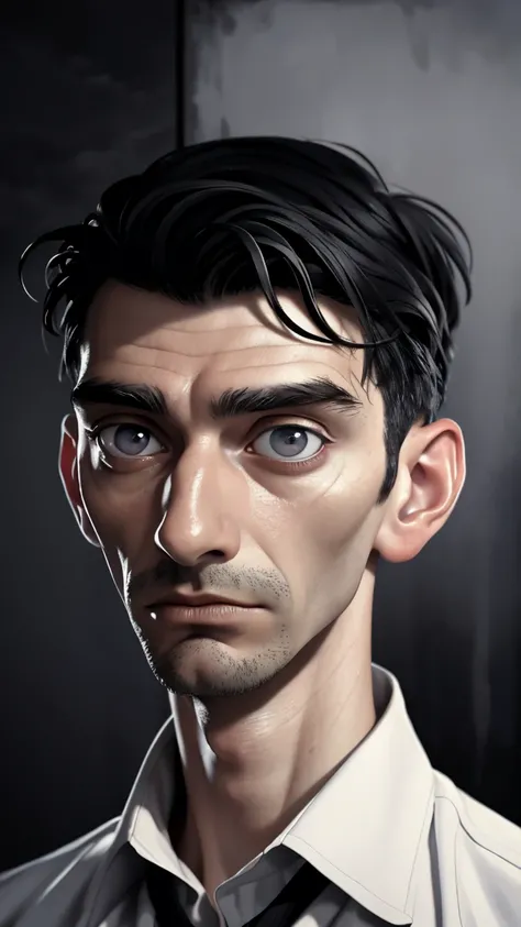 a surreal portrait of franz kafka, hyperrealistic, 1 man, detailed facial features, piercing gaze, messy hair, serious expressio...