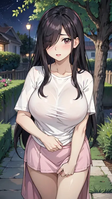 Cute mommy, mature women, realistic skin,perfect ,black hair, long hair, (hair over one eye:1.4), messy hair, hair between eyes, oversize shirt,pink mini skirt, chubby,plump,fat,pucker lips,cute shy blush on,garden, under tree,night 