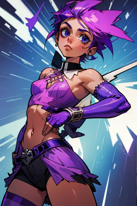 Beelzebub muscular woman with purple and blue mohawk punk hair down to below shoulders with fly wings with four arms, two at normal height and two below the ribs and with a glass belly full of blue and purple plasma.