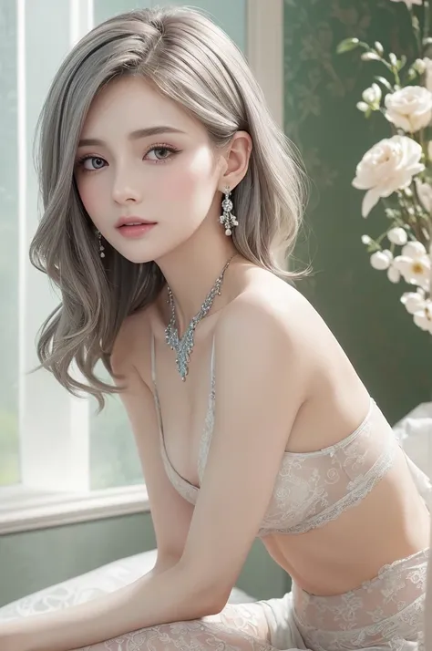 gray lace thong&Good, (((Very elegant and beautiful, Perfect detail, Super detailed))), whole body, The most detailed girl, Depth of written boundary, 美しく詳細なwhole body, Thin legs, 1 girl, 30 years old, Very short hair, Spiked Hair, Gray and silver hair, Be...