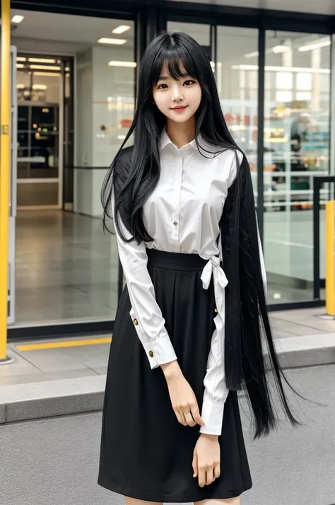 Korean cute girl with fringe and long black hair in casual dress, posing in front of a company 