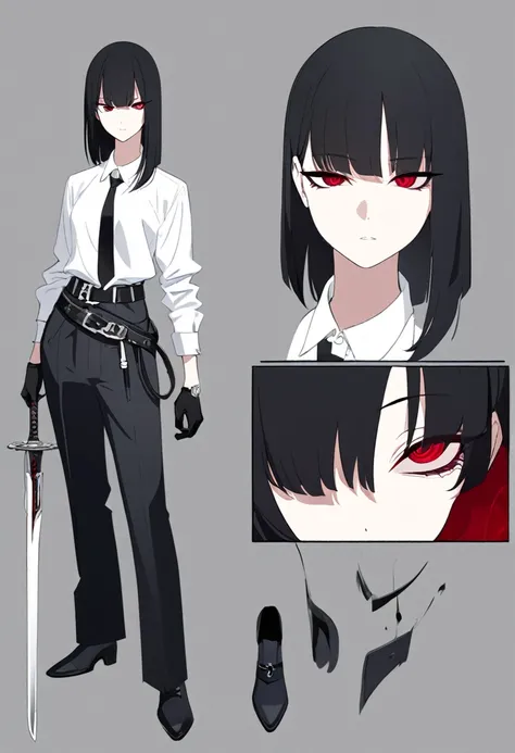 One woman,Dynamic,whole body,Are standing,mysterious,Concept Art,Character Design,Jet black straight hair,The bangs are trimmed to accentuate the eyes.,Well-proportioned face,Sharp Eyes,White shirt,Black tie,Black slacks,Silver cufflinks on the left hand,O...