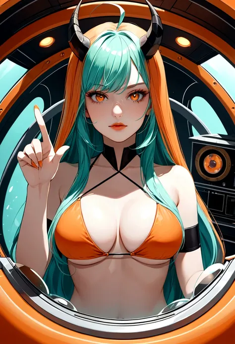 score_9, score_8_up, score_7_up,1 daemon woman, straight demon horns, (black horns),(upward-pointing horns) , vertical horns, black demon tail, (aquamarine hair),aquamarine green color hair,ahoge, long hair, (long hair),bangs, light orange bikini,bikini is...