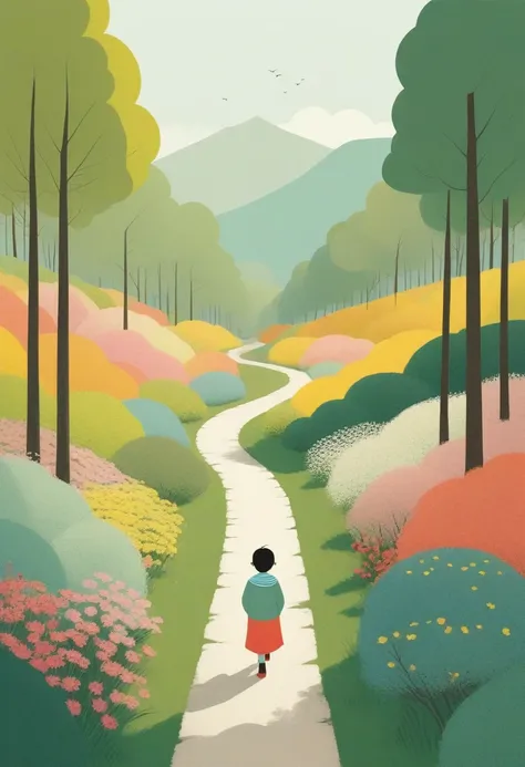 In the style of Ryo Takemasa and Alessandro Gottardo, Minimalism，spring，Colorful woods and winding paths，Happy kid back view