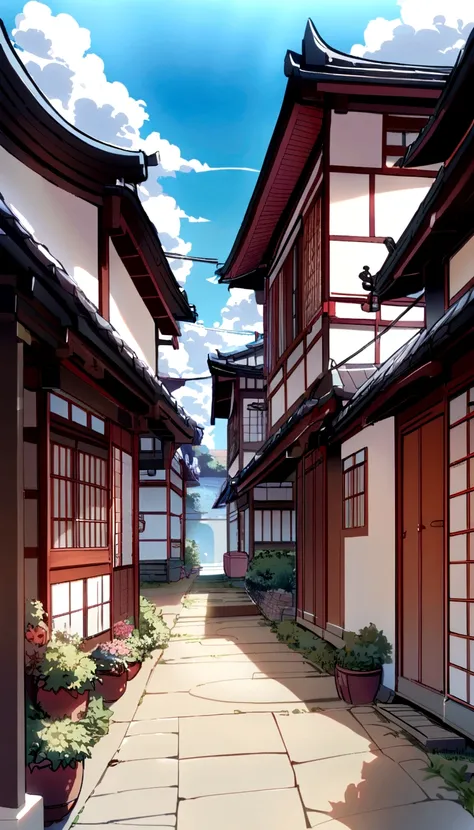 Field Path，Telephone pole close-up，Japanese style houses，cloud，Clear blue sky。