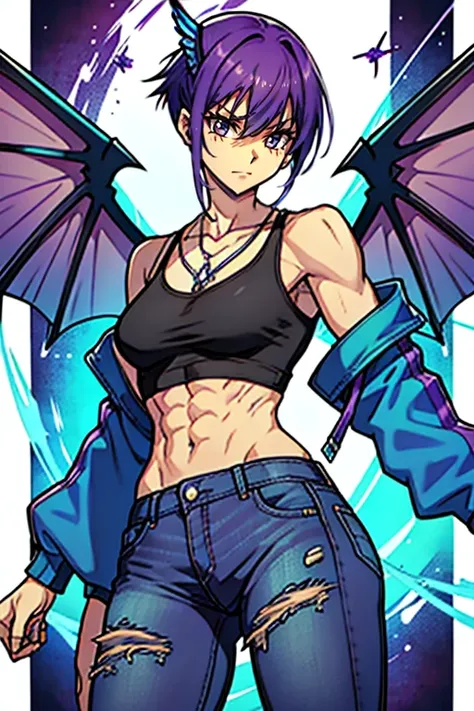 Beelzebub muscular woman with shoulder-length purple and blue punk hair with fly wings with four arms, two at normal height and two below the ribs and with a glass belly full of blue and purple plasma and wearing black jeans boots purples a white top and a...