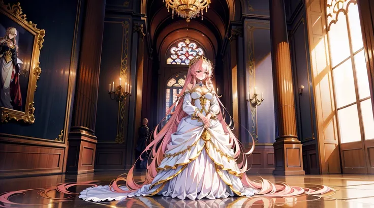 An anime-style illustration featuring a female character dressed as a sister in a castle. The character has long, flowing hair and is wearing a traditional sisters habit with an elegant, simple dress underneath. She is standing in front of large, ornate wi...