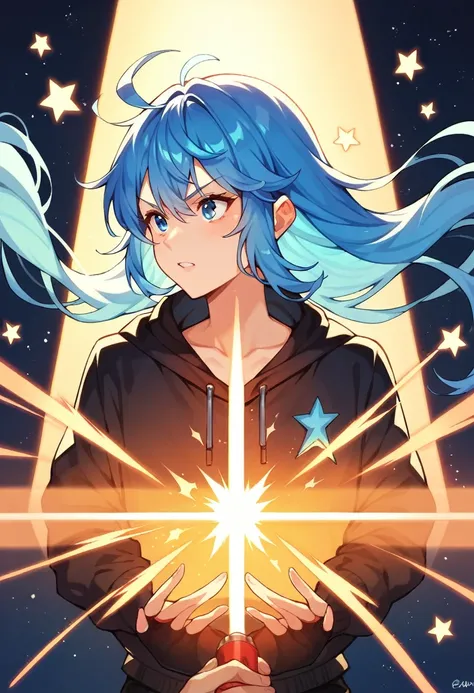 a girl with pale sky blue hair, sparkling blue eyes, blasting bright blue energy beam from her hands, laser beams, stars