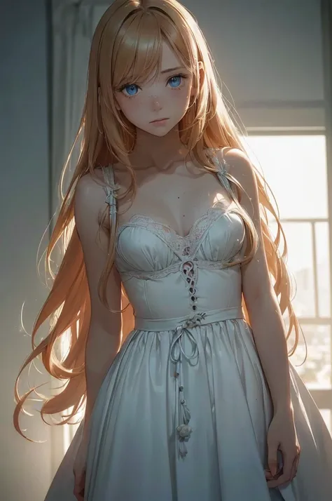 ((1 Female, 1 person, Solitary) Alice,  Humanity, Long curly blond hair, blue eyes, freckle, teenager, 18 years, Rebirth_ongoing) (Main Part, Super detailed, 8K, (HD, Sunlight:0.5, Soft_shadow:0.5, atmosphere_light, 8K, 4K, Surrealism, elegant, ((((Cinemat...