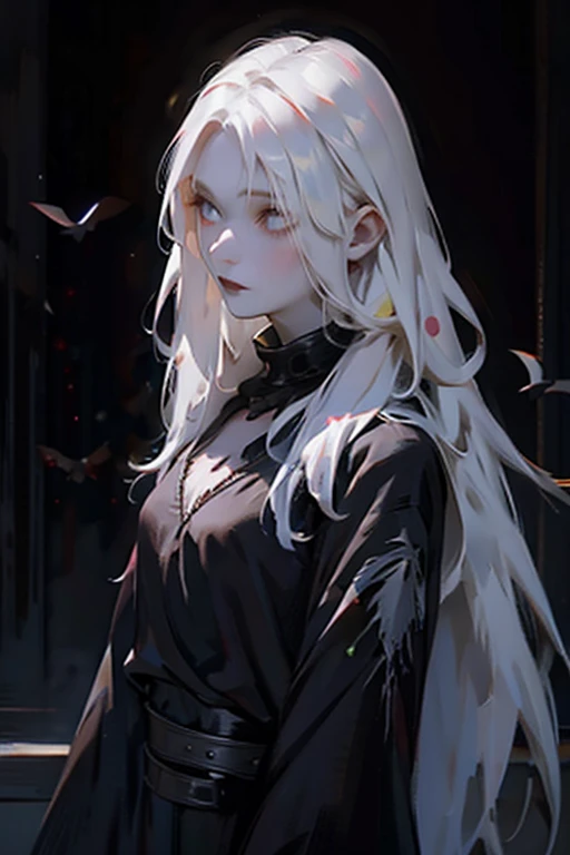 ((Playing with a raven, corvid bird:1.2)),(black clothing:1.3).Cute 18 yo (albino:1.4)woman of Slavic descent.(short:1.1), , long white hair, gray eyes, ((very pale:1.4)). Innocent look. Gentle spirit.(virgin), (black t-shirt, jeans,), necklace, (black Mar...