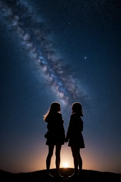 I want an image of a starry sky with a big moon and the silhouette of two girls