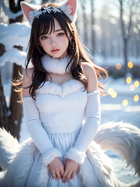 (raw photo:1.2), (photorealistic:1.4), (best quality:1.4), (ultra highres:1.2), (highly detailed:1.3), (HDR:1.2), (cinematic lighting:1.3), (detailed eyes), (facial details), (fur details), (snowy:1.2). ), Cute Little Fox, Standing, (3/4 Portrait: 1.2), (F...