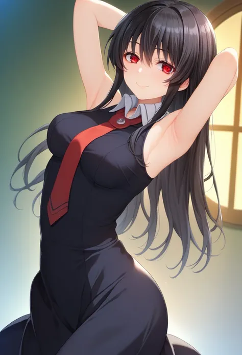 anime girl with long black hair and red eyes posing for a picture, seductive anime girl, anime girl wearing a black dress, anime...