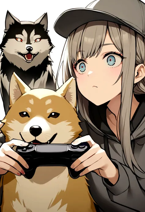 Wolf Hair、Big eyes、look at me、Long eyeliner、I like Shiba Inu, Cat, Have a game controller.、He is wearing a gray hoodie and a gray hat....Beige long hair。