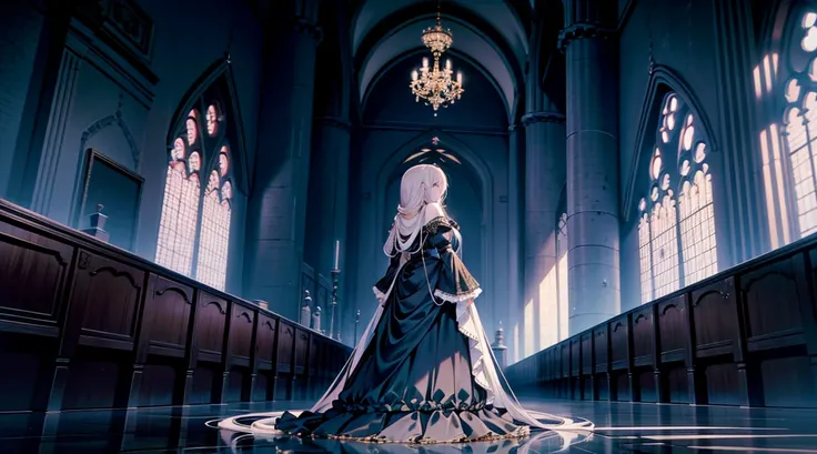 An anime-style illustration featuring a female character dressed as a sister in a castle with a dark, heavy atmosphere. The character has long, flowing hair and is wearing a traditional sisters habit with an elegant, simple dress underneath. She is standin...