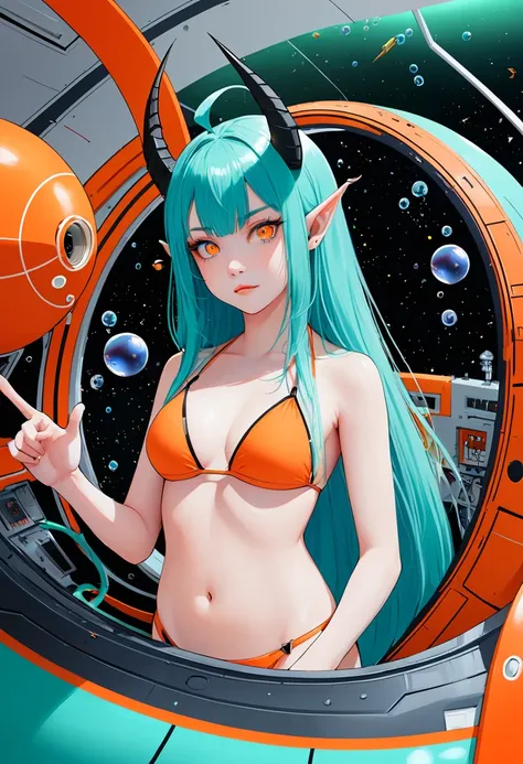 score_9, score_8_up, score_7_up,1 daemon woman, straight demon horns, (black horns),(upward-pointing horns) , vertical horns, black demon tail, (aquamarine hair),aquamarine green color hair,ahoge, long hair, (long hair),bangs, light orange bikini,bikini is...