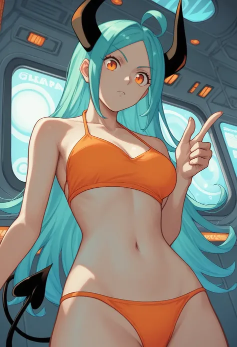 score_9, score_8_up, score_7_up,1 daemon woman, straight demon horns, (black horns),(upward-pointing horns) , vertical horns, black demon tail, (aquamarine hair),aquamarine green color hair,ahoge, long hair, (long hair),bangs, light orange bikini,bikini is...