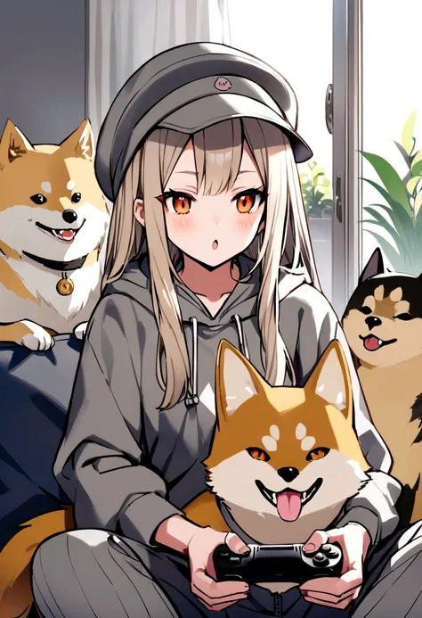 Wolf Hair、Orange Eyes、Light pink mouth、Long eyeliner、I like Shiba Inu, Cat, Have a game controller.、He is wearing a gray hoodie and a gray hat....Beige long hair。