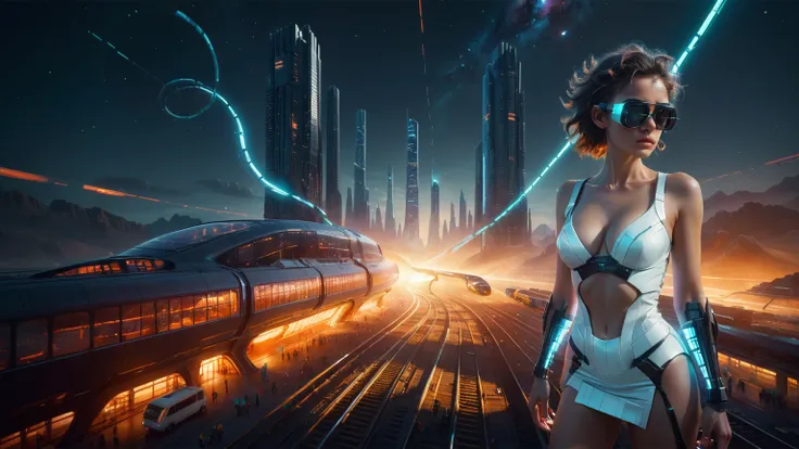 Brightly colored abstract aerial view image of a (((((futuristic railway station))))) with a spiral, a (((futuristic all-glass train))) passing by, epic beautiful space sci-fi, chaotic cinematic space rift, Greg Beeple, planets colliding, Beeple and Tim Hi...